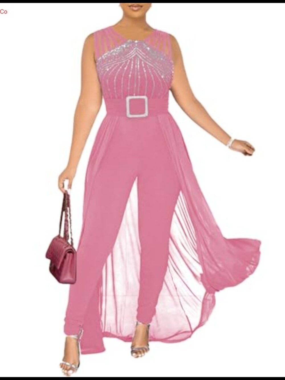 Sleeveless Bodycon Jumpsuit with Cape Waistband Formal Evening Party